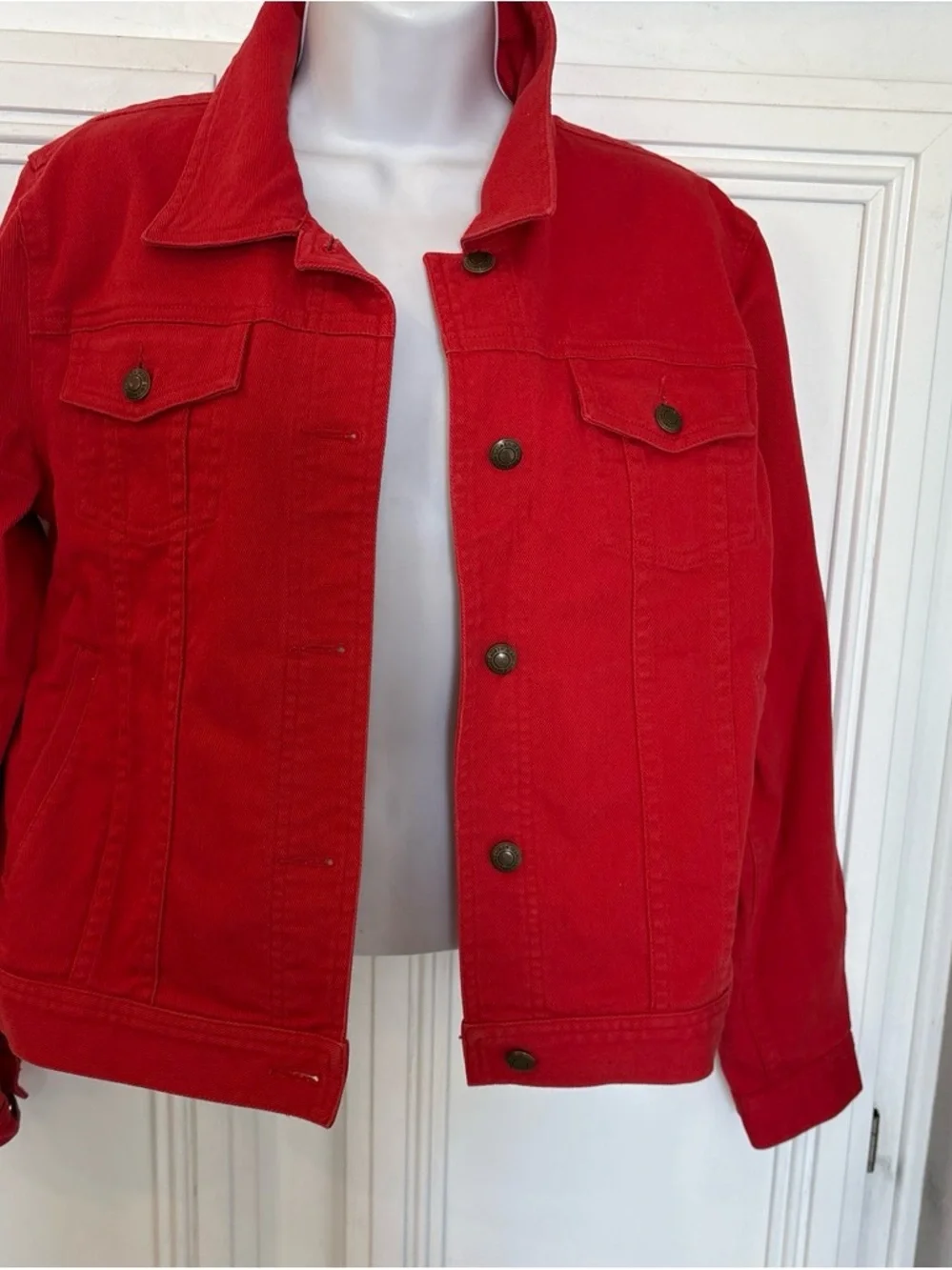 Lauren Ralph Lauren Red Denim Jacket Women’s Medium Stretch Cotton Trucker Jean - Picture 2 of 12